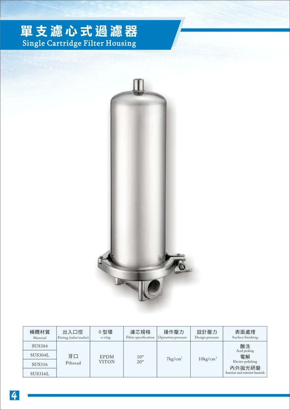 單支濾芯式過濾器適用範圍: 地下水、自來水、游泳池、食品業 、飲料業、環保水處理業、電子工業、、表面處理業、石化工業、特殊液體過濾專用、機械類用油等。