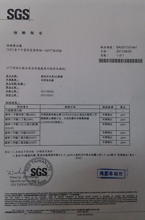 哈妮水果QQ軟糖SGS檢驗合格報告