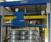 全自動打帶流水線,全自動包裝流水線,全自動捆包機,盤元打包機,線材打帶機,線材打包機,捲材外周打包機,內環打包機,外周打包機,全自動冷軋鋼捲周向打捆機,眼向打帶